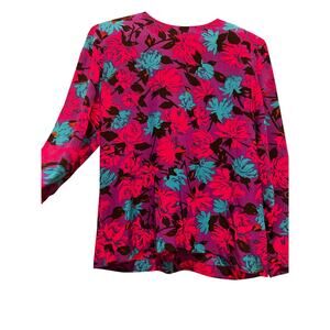 Flora Kung Silk Blouse Floral Purple Pink Teal Vintage 10